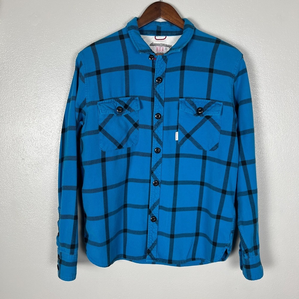 Topo Designs Shirt Mens‎ Large Blue Plaid Flannel Button Up Outdoors Hiking Camp